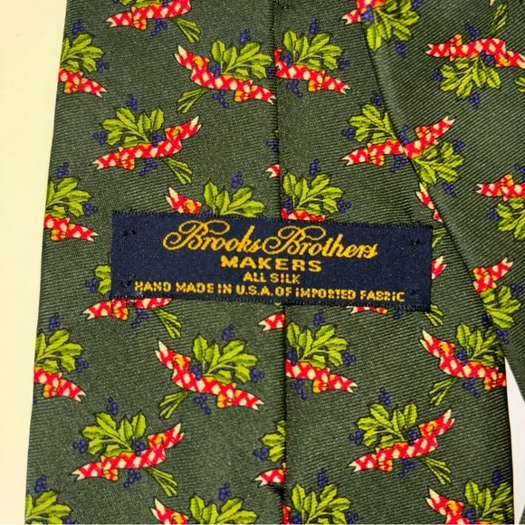Vintage Brooks Brothers Silk Men's Tie Floral Green Blue Flowers Red Ribbon USA - Picture 2 of 9